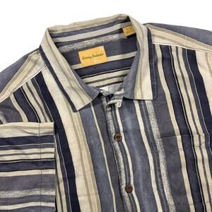 Tommy Bahama Silk Shirt Mens XL Blue Grey Vertical Stripe Leaf Jacquard Camp